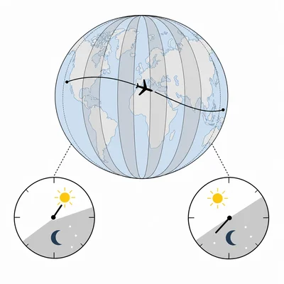 Airplane crossing time zones with misaligned day-night clocks showing jet lag.