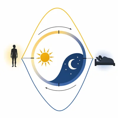 Diagram of a circadian rhythm cycle with day, night, wakefulness, and sleepiness.