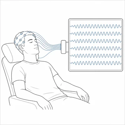 Relaxed person with EEG electrodes showing regular alpha-like brain waves.