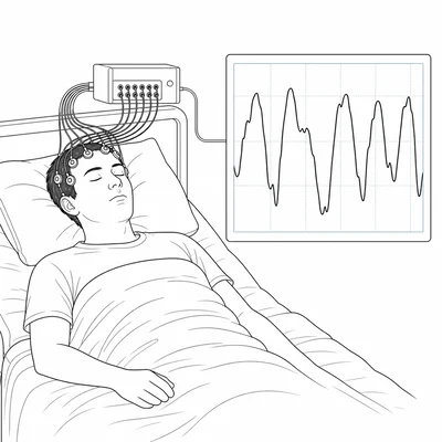 Sleeping person connected to EEG showing slow high-amplitude delta waves.