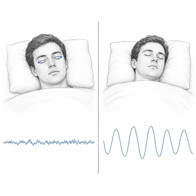 Side-by-side comparison of REM-like sleep with eye movement and deep sleep with slow waves.