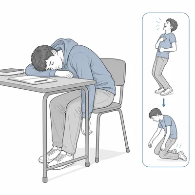Person suddenly falling asleep at a desk with a separate figure showing sudden muscle weakness.
