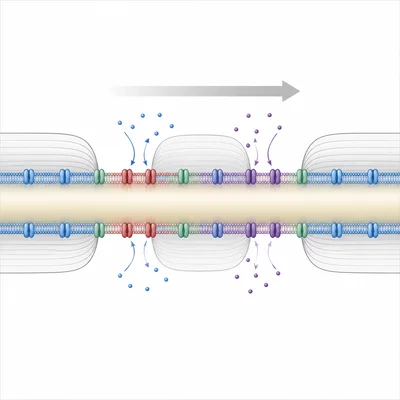 Diagram of an action potential wave traveling along a myelinated axon.