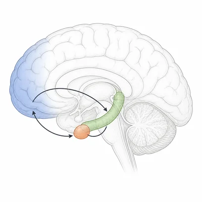 Brain diagram showing hippocampus, amygdala, and prefrontal cortex interacting.
