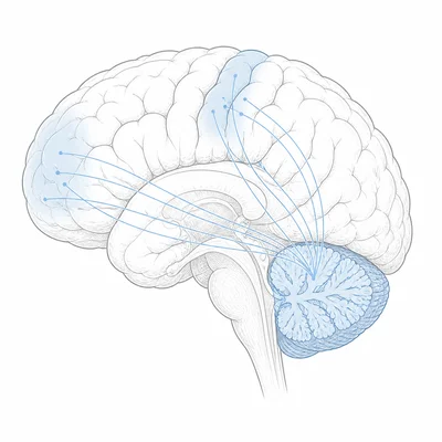 Brain diagram highlighting the cerebellum and its connections to motor and cognitive areas.