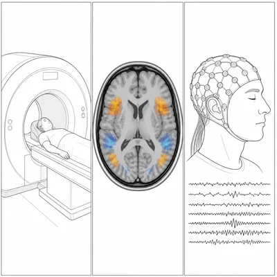 Comparison image of MRI scanner, functional brain activation image, and EEG electrode cap.