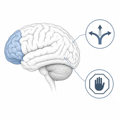 Brain diagram highlighting the prefrontal cortex and its role in decision-making and impulse control.