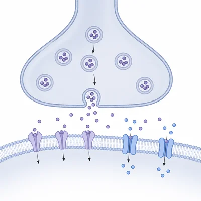 Synaptic transmission diagram showing neurotransmitter release and receptor binding.
