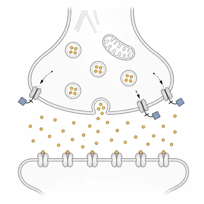 Synapse diagram showing dopamine reuptake transporters blocked and more dopamine in the cleft.