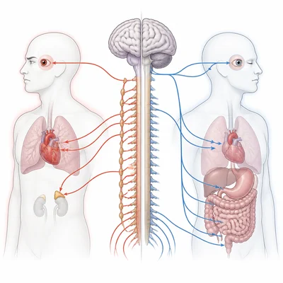 Split diagram of sympathetic and parasympathetic effects on body organs.