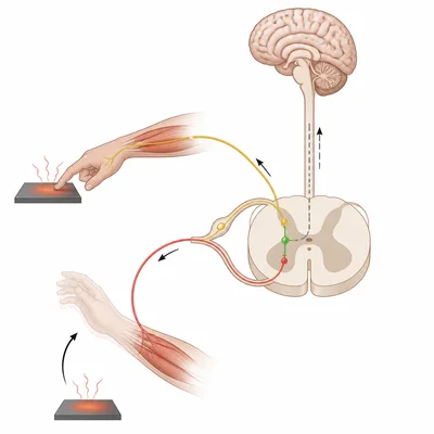 Spinal reflex arc showing a hand withdrawing from a hot surface before brain processing.