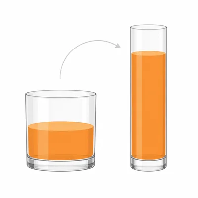 Two differently shaped glasses contain the same amount of liquid, with the tall glass showing a higher liquid level.