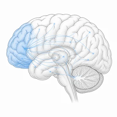 A side-view brain diagram highlights the prefrontal cortex and its neural connections.