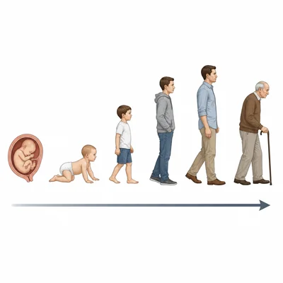 A visual sequence of human development from fetus to older adult.