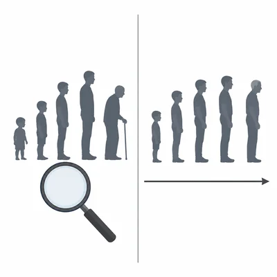 Diagram comparing studying different age groups at once with following the same person over time.