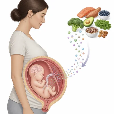 Prenatal nutrition shown flowing from a pregnant parent to a developing fetus.