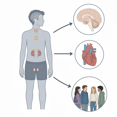 Puberty shown linking body changes with brain, emotions, and peer relationships.
