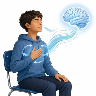 Student using deep breathing with calm visual cues around the body and brain.