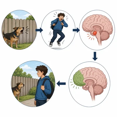 Visual sequence showing a barking dog, startled reaction, amygdala alarm, prefrontal cortex evaluation, and calm response.
