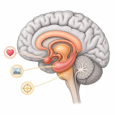 Side-view brain diagram with inner limbic system highlighted and icons for emotion, memory, and motivation.