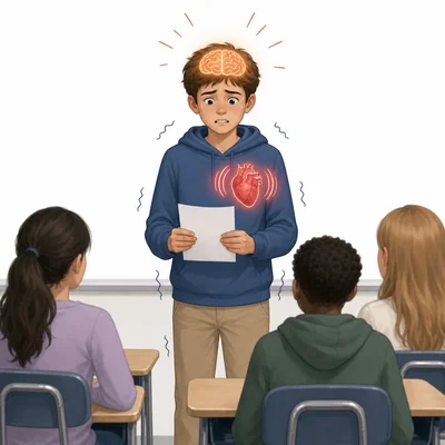 Student presenting in class with visual cues showing emotion linked to a faster heartbeat.