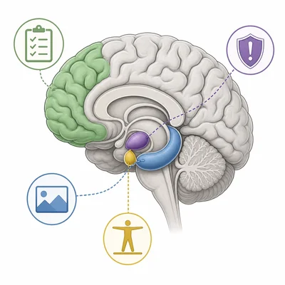 Brain diagram highlighting prefrontal cortex, amygdala, hippocampus, and hypothalamus with role icons.