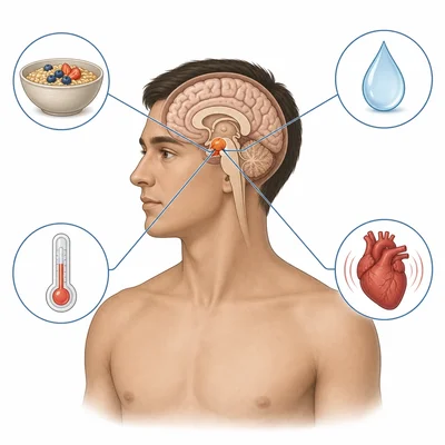 Highlighted hypothalamus connected to icons for hunger, thirst, temperature, and stress.