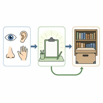 A memory pathway moves from senses to short-term memory to long-term memory with practice.