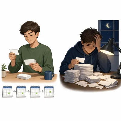 Two students compare spaced study sessions with one long late-night study session.