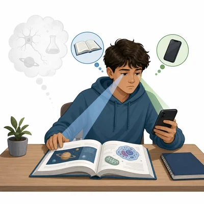 A student divides attention between reading a book and texting on a phone.