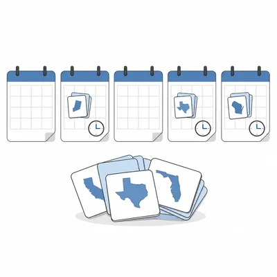 A weekly calendar shows short flashcard review sessions spread across several days.