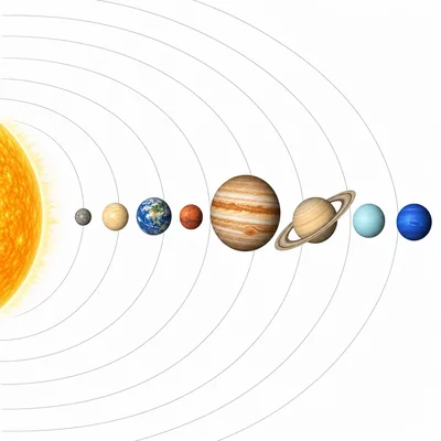 The Sun and eight planets are shown in order from Mercury to Neptune.