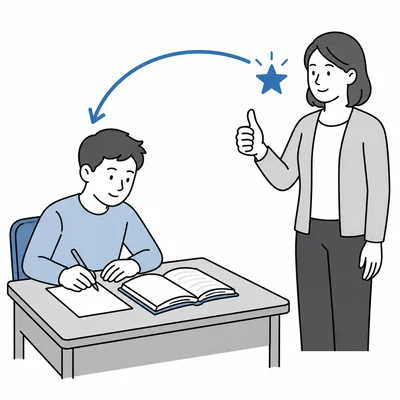 Diagram of a teacher praising a student, showing reinforcement leading to continued studying.