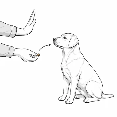 A sitting dog receives a treat from a trainer as reinforcement.