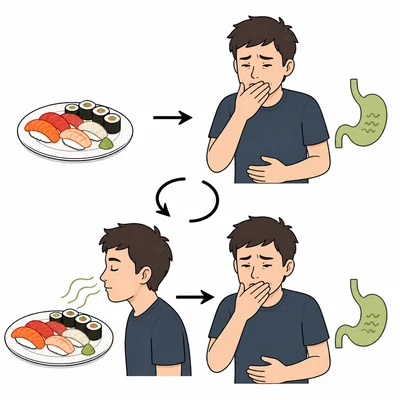A person becomes nauseated after sushi and later feels nauseated from smelling sushi.