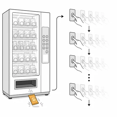 A vending machine gives a snack after an unpredictable series of button presses.