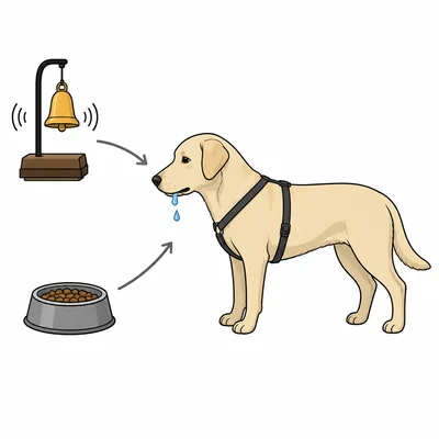 Diagram of Pavlov’s dog with a bell, food bowl, and salivation.