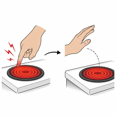 A hand touches a hot stove, feels pain, and later avoids the hot burner.