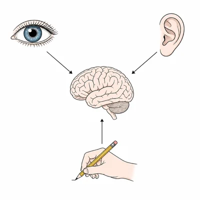 Diagram showing visual, auditory, and written inputs feeding into a brain.