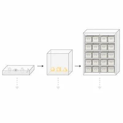 Three-stage memory model showing sensory memory, short-term memory, and long-term memory with arrows and fading information.