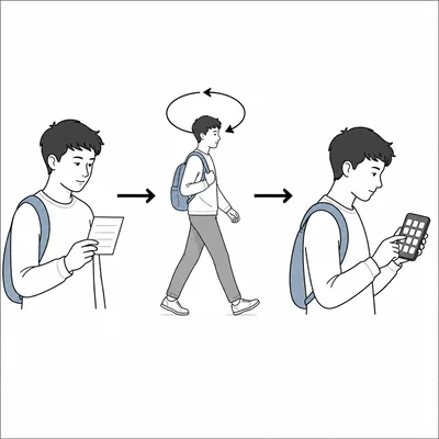 Student rehearsing information mentally while walking and then dialing a phone.