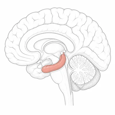 Side view of the brain with the hippocampus highlighted.