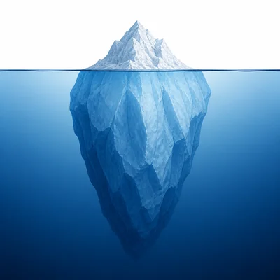 Iceberg diagram showing a small visible top and much larger submerged layers beneath the water.