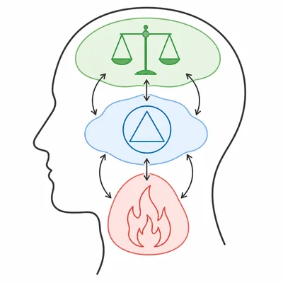 Head silhouette with three interacting colored regions representing parts of personality.