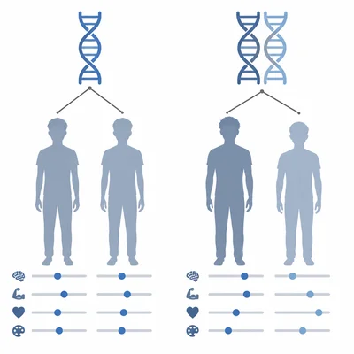 A behavior genetics diagram compares highly similar identical twins with less similar fraternal twins.