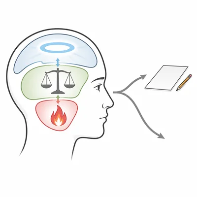 A profile head shows impulse, balance, and moral-control symbols influencing a decision about an exam paper.