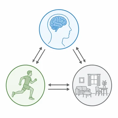 A triangular diagram shows personal factors, behavior, and environment connected by two-way arrows.