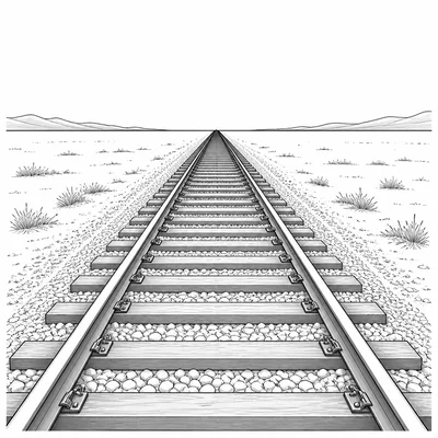 Railroad tracks appear to converge in the distance, illustrating linear perspective.