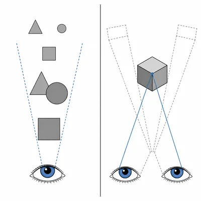 Diagram comparing one-eye depth cues with two-eye convergence depth cues.