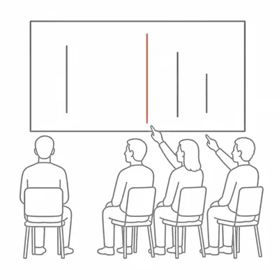 Diagram of Asch-style line comparison experiment with a participant and group choosing a wrong line.